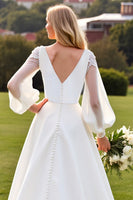 Load image into Gallery viewer, Ivory V Neck Satin A Line Sweep Train Wedding Dress with Lace