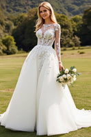Load image into Gallery viewer, Ivory Sweep Train A Line Illusion Boat Neck Wedding Dress with Lace