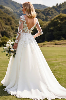Ivory Sweep Train A Line Illusion Boat Neck Wedding Dress with Lace