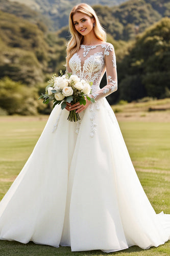 Ivory Sweep Train A Line Illusion Boat Neck Wedding Dress with Lace