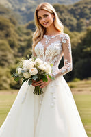 Load image into Gallery viewer, Ivory Sweep Train A Line Illusion Boat Neck Wedding Dress with Lace