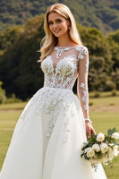 Load image into Gallery viewer, Ivory Sweep Train A Line Illusion Boat Neck Wedding Dress with Lace