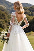 Load image into Gallery viewer, Ivory Sweep Train A Line Illusion Boat Neck Wedding Dress with Lace