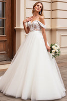 Load image into Gallery viewer, Ivory A Line Off the Shoulder Sweep Train Wedding Dress with Lace