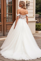 Load image into Gallery viewer, Ivory A Line Off the Shoulder Sweep Train Wedding Dress with Lace