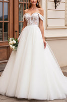 Load image into Gallery viewer, Ivory A Line Off the Shoulder Sweep Train Wedding Dress with Lace