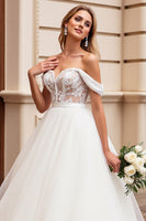 Load image into Gallery viewer, Ivory A Line Off the Shoulder Sweep Train Wedding Dress with Lace