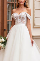 Load image into Gallery viewer, Ivory A Line Off the Shoulder Sweep Train Wedding Dress with Lace