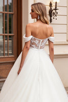 Load image into Gallery viewer, Ivory A Line Off the Shoulder Sweep Train Wedding Dress with Lace