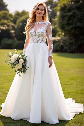 Ivory A Line Sweetheart Sweep Train Wedding Dress with Lace