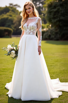 Ivory A Line Sweetheart Sweep Train Wedding Dress with Lace