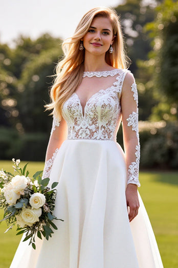 Ivory A Line Sweetheart Sweep Train Wedding Dress with Lace