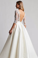 Load image into Gallery viewer, Ivory Satin A Line V Neck Sweep Train Wedding Dress with Lace