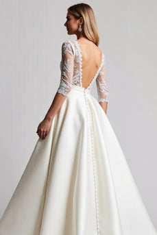 Ivory Satin A Line V Neck Sweep Train Wedding Dress with Lace
