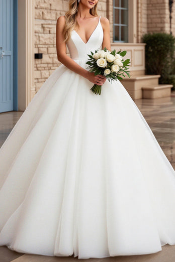 Ivory Ball Gown V Neck Sweep Train Wedding Dress