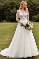 Load image into Gallery viewer, Ivory A Line Illusion Boat Neck Sweep Train Wedding Dress with Lace