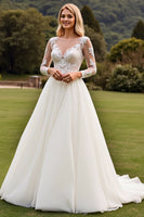 Load image into Gallery viewer, Ivory A Line Illusion Boat Neck Sweep Train Wedding Dress with Lace
