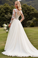 Load image into Gallery viewer, Ivory A Line Illusion Boat Neck Sweep Train Wedding Dress with Lace