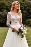 Load image into Gallery viewer, Ivory A Line Illusion Boat Neck Sweep Train Wedding Dress with Lace