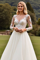 Load image into Gallery viewer, Ivory A Line Illusion Boat Neck Sweep Train Wedding Dress with Lace