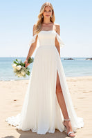 Load image into Gallery viewer, Ivory Chiffon A Line Off the Shoulder Sweep Train Boho Wedding Dress
