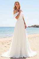 Load image into Gallery viewer, Ivory Chiffon A Line Off the Shoulder Sweep Train Boho Wedding Dress
