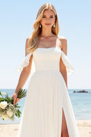 Load image into Gallery viewer, Ivory Chiffon A Line Off the Shoulder Sweep Train Boho Wedding Dress