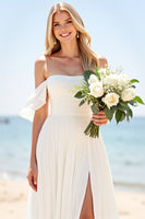 Load image into Gallery viewer, Ivory Chiffon A Line Off the Shoulder Sweep Train Boho Wedding Dress