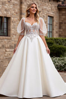 Load image into Gallery viewer, Ivory Satin A Line Sweetheart Floor Length Wedding Dress with Lace