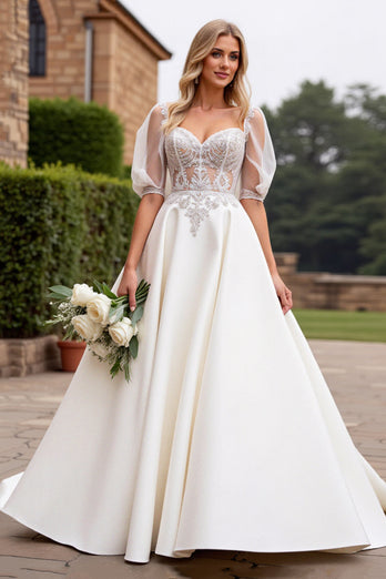Ivory Satin A Line Sweetheart Floor Length Wedding Dress with Lace