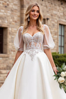 Load image into Gallery viewer, Ivory Satin A Line Sweetheart Floor Length Wedding Dress with Lace