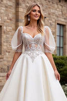 Load image into Gallery viewer, Ivory Satin A Line Sweetheart Floor Length Wedding Dress with Lace