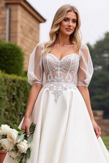 Ivory Satin A Line Sweetheart Floor Length Wedding Dress with Lace