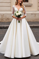 Load image into Gallery viewer, Ivory A Line Satin V Neck Sweep Train Wedding Dress with Lace