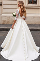 Load image into Gallery viewer, Ivory A Line Satin V Neck Sweep Train Wedding Dress with Lace