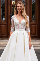 Load image into Gallery viewer, Ivory A Line Satin V Neck Sweep Train Wedding Dress with Lace