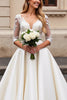 Load image into Gallery viewer, Ivory A Line Satin V Neck Sweep Train Wedding Dress with Lace