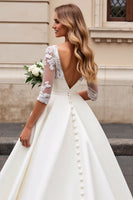 Load image into Gallery viewer, Ivory A Line Satin V Neck Sweep Train Wedding Dress with Lace