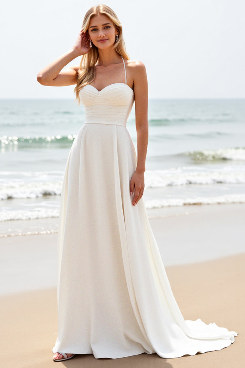 Simple White Satin Sweep Train Sweetheart Boho Wedding Dress