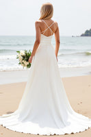 Load image into Gallery viewer, Simple White Satin Sweep Train Sweetheart Boho Wedding Dress