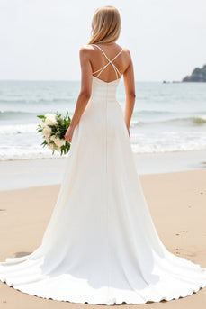 Simple White Satin Sweep Train Sweetheart Boho Wedding Dress