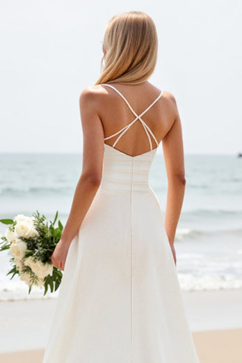 Simple White Satin Sweep Train Sweetheart Boho Wedding Dress