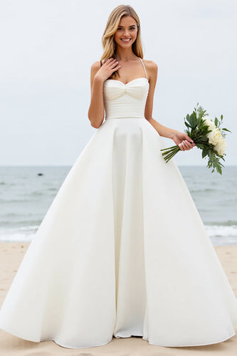 Simple Ivory Watteau Train Spaghetti Straps Ball Gown Wedding Dress