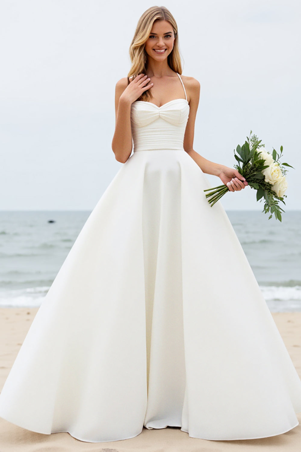 Simple Ivory Watteau Train Spaghetti Straps Ball Gown Wedding Dress