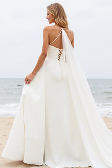Simple Ivory Watteau Train Spaghetti Straps Ball Gown Wedding Dress