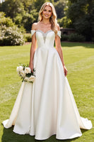 Load image into Gallery viewer, Ivory Satin Sweep Train Off the Shoulder Wedding Dress with Beading