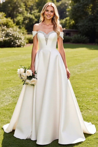 Ivory Satin Sweep Train Off the Shoulder Wedding Dress with Beading