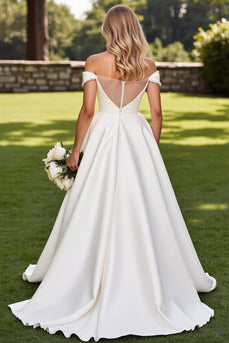 Ivory Satin Sweep Train Off the Shoulder Wedding Dress with Beading