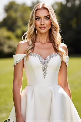 Ivory Satin Sweep Train Off the Shoulder Wedding Dress with Beading