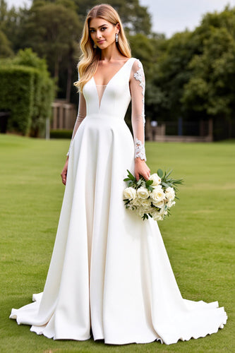 White Satin Sweep Train Illusion V Neck Wedding Dress with Lace